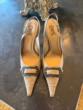 Carlos Santana Taupe Textured Slingback Pointed Toe Heels with Decorative Buckle